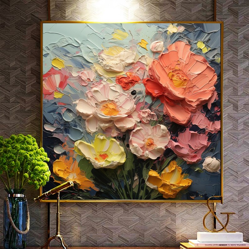 Original Texture Flower Oil Painting on Canvas, Large Wall Art, Abstract Colorful Floral Wall Art, Custom Painting Modern Living Room Decor