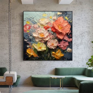 Original Texture Flower Oil Painting on Canvas, Large Wall Art, Abstract Colorful Floral Wall Art, Custom Painting Modern Living Room Decor