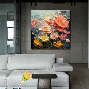 Original Texture Flower Oil Painting on Canvas, Large Wall Art, Abstract Colorful Floral Wall Art, Custom Painting Modern Living Room Decor