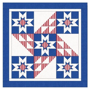 Op de afbeelding: Een patriottische quilt met een blauwe rand en witte achtergrond. Het patroon herhaalt zich met blauwe vierkanten, witte driehoeken met rode strepen en stervormige ontwerpen met rode en blauwe accenten. Het ontwerp is symmetrisch.