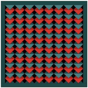 May include: A square quilt featuring a repeating geometric pattern of red and teal triangles arranged in rows. The design includes small black diamond shapes between the triangles, all framed by a solid dark teal border on all four sides.