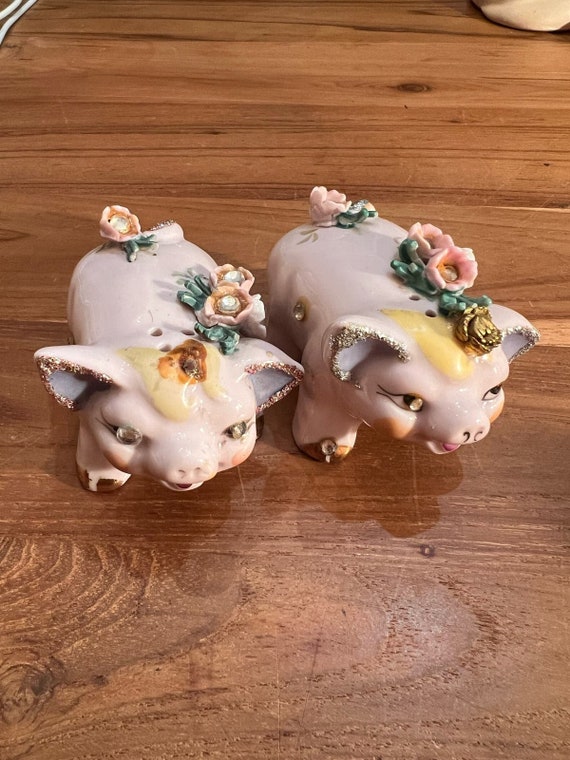 Vintage Pink Pig Salt and Pepper Shakers Blue Rhinestone Flower