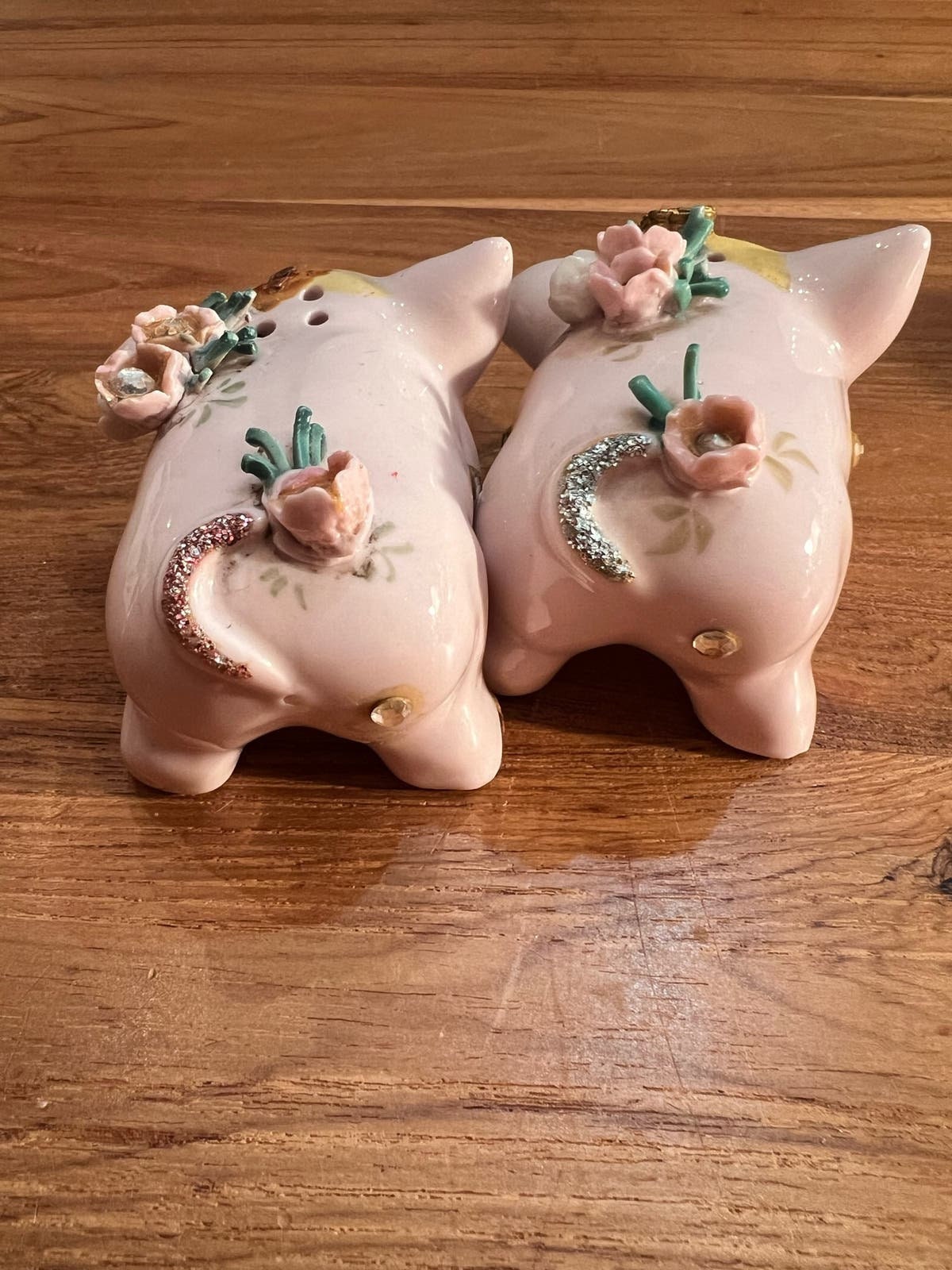 Vintage Pink Pig Salt and Pepper Shakers Blue Rhinestone Flower