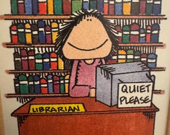 Vintage inramad bibliotekarieillustration signerad av Anita