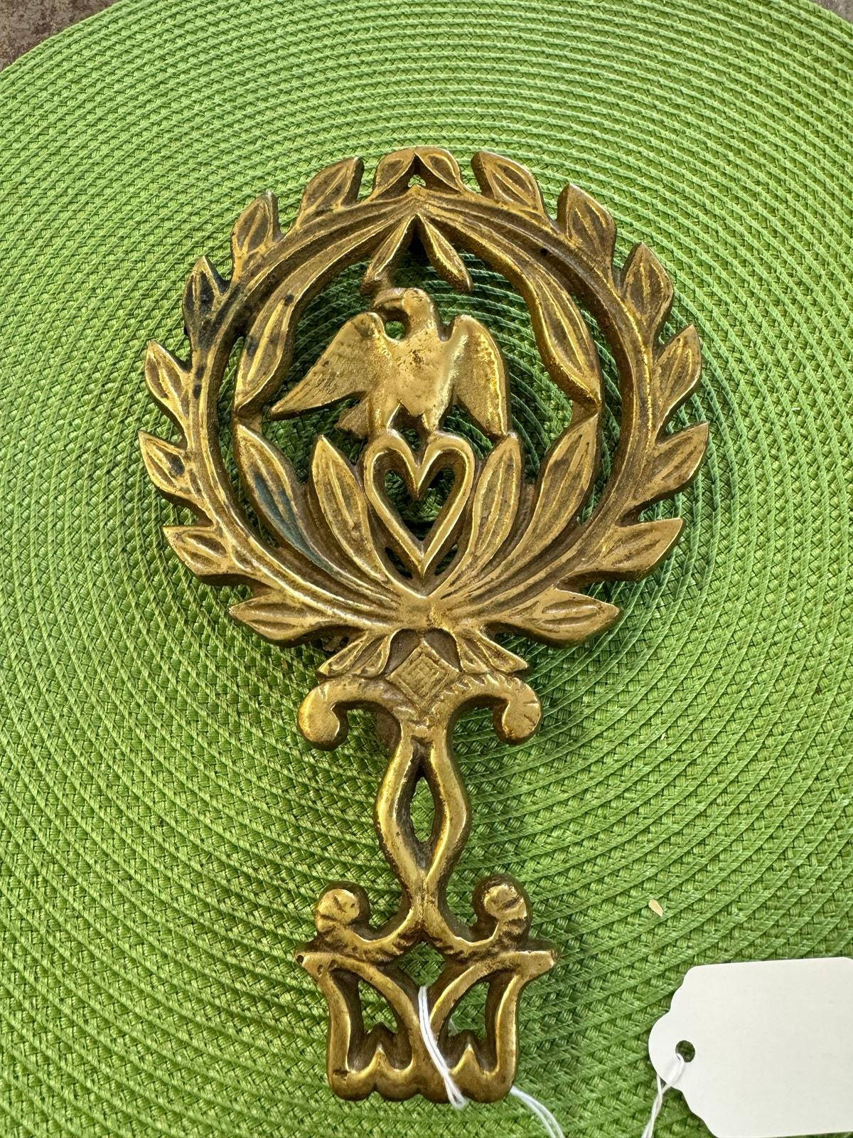 Vintage Patriotic Gold Cast Iron Eagle Heart Trivet