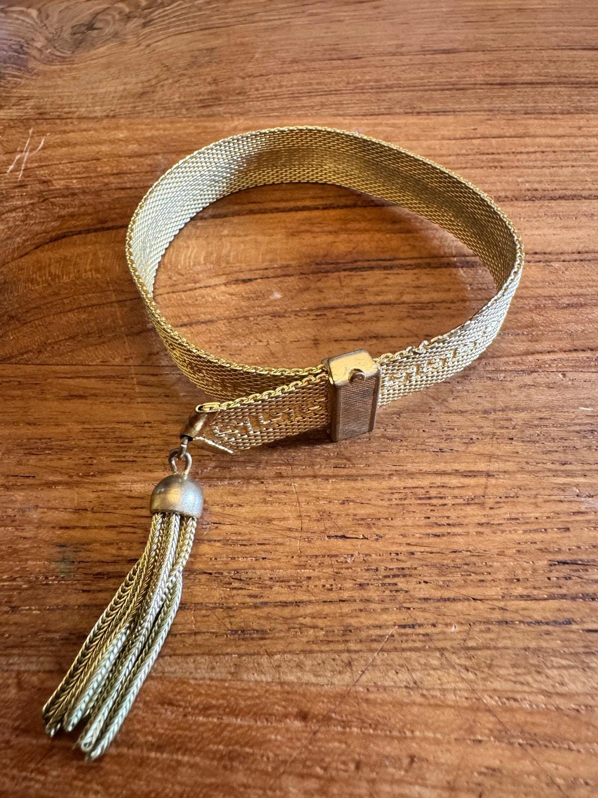 Art Deco Byzantine Greek Key Chain Tassel Gold Tone Mesh Slide Bracelet 1970s Greek Key Design Gold Tone Articulated Flat 2cm Wide  main image 3