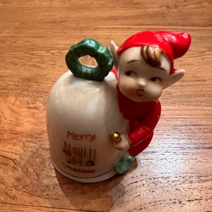Vintage 1940 1950 Elf Pixie Christmas Ornament 3” Bell MCM Ceramic Elf Pixie “Merry  Christmas” Bell Napco? Japan  Retro Kitsch Decor