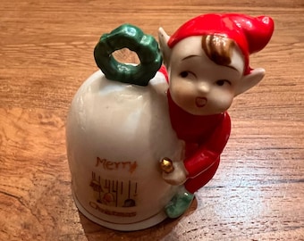 Vintage 1940 1950 Elf Pixie Christmas Ornament 3” Bell MCM Ceramic Elf Pixie “Merry  Christmas” Bell Napco? Japan  Retro Kitsch Decor