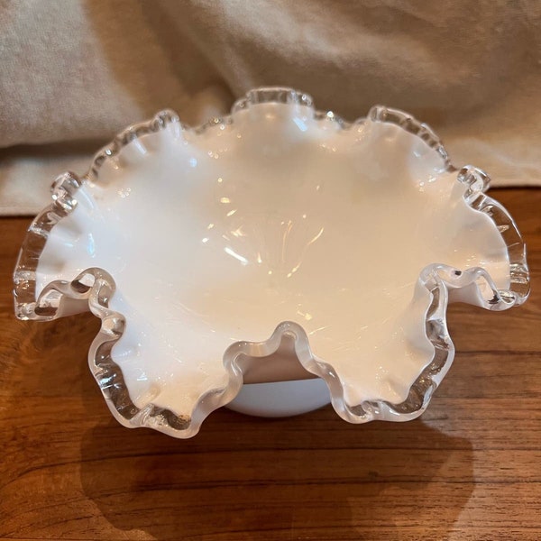 Fenton Silver Crest Footed Milk Glass Crimped Ruffled Dish 8.5x3.75” Bowl