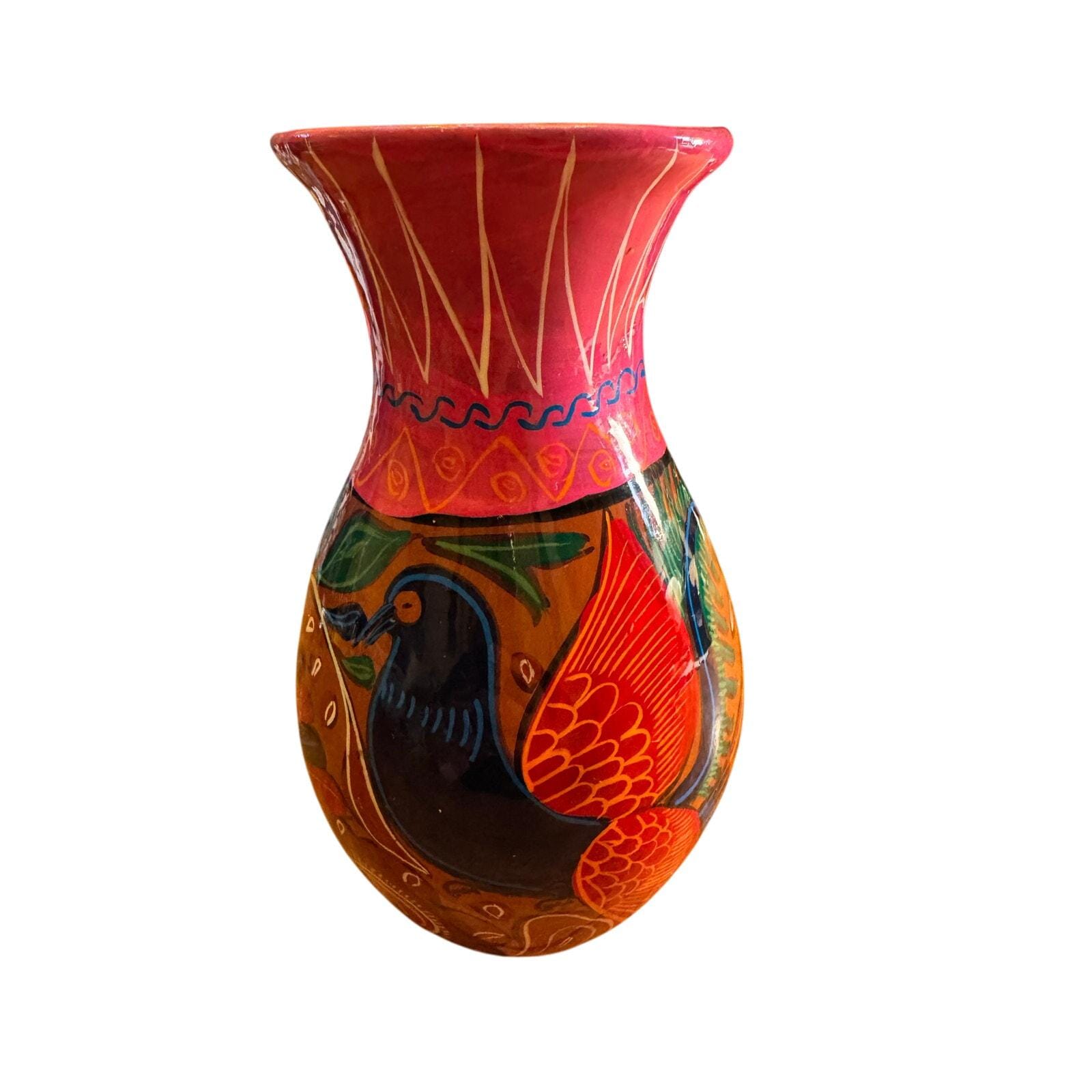 手描き陶器花瓶 花と鳥デザイン ヴィンテージ手描き陶器花瓶 – 花と鳥のデザイン – オレンジ