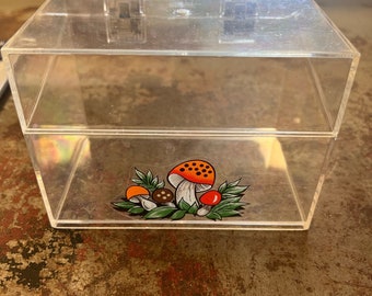 Vintage recipe box with mushroom stickers