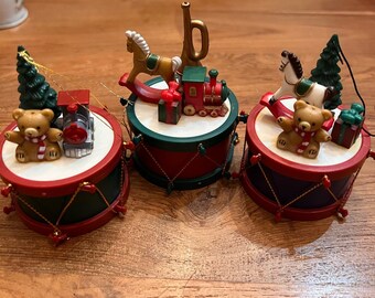 SET OF 3 Drums with Toys Christmas Ornaments 2.75" Train Tree Teddy Bear Horse