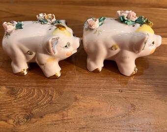 Vintage Pink Pig Salt and Pepper Shakers Blue Rhinestone