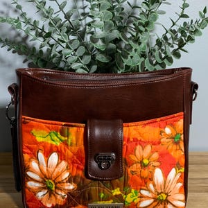 Crossbody Bag Brown Vinyl with Quilted Orange Fabric with Flowers