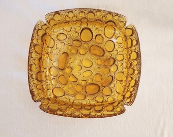 Large 8 inch Vintage Blenko Bubble Pebbled Amber Glass Ashtray