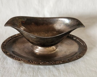 Vintage Silver Gravy Boat/Sauce Dish Double Spout with Attached Plate
