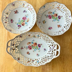 Vintage Schumann Bavaria Reticulated Porcelain Bowls & Basket Set – Floral Design – Made in Germany