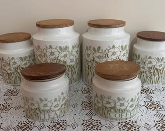 Vintage Hornsea Fleur Canisters, Tea Coffee Flour Jars, 1970s English Pottery with Wooden Lids (sold in pairs)