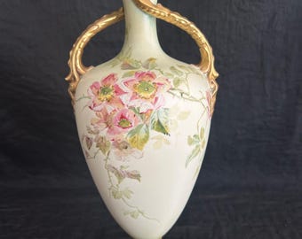 Antique Carlton Ware Floral Vase: Hand Painted Victorian Porcelain, Gold Gilded