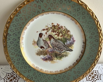 Vintage Weatherby Falcon Ware Plate, Partridge Scene, Sage Green Gold Border (11 Inch)