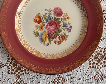 Vintage Crownford Floral Plate – Burgundy Rim, Gold Gilt, 1950s English Pottery