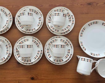 Vintage Salisbury Tea Set, Mid-Century Geometric Bone China, 21-Piece English Porcelain 1950s