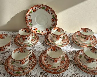 Antique Wellington China Tea Set, Imari Style Floral Trio and Cake Plate