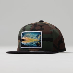 Chapeau personnalisé de patch de coucher du soleil d’automne de lac occidental