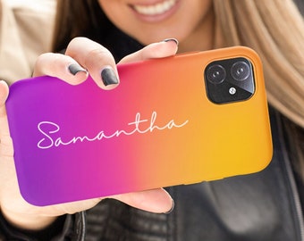 May include: A purple, orange and yellow gradient phone case with the name "Samantha" written in white script.