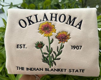 Embroidered Oklahoma Indian Blanket State Sweatshirt | Custom US State Flowers Embroidery Sweatshirt | Oklahoma 1907 State Gift Shirt Hoodie