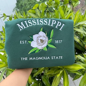 Embroidered Mississippi Magnolia Sweatshirt | Custom US State Flowers Embroidery Crewneck | Mississippi Est 1817 State Gift Shirt