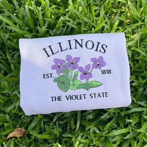 Embroidered Illinois Violet State Sweatshirt | Custom US State Flowers Embroidery Crewneck | Illinois Est 1818 State Gift Shirt image 2