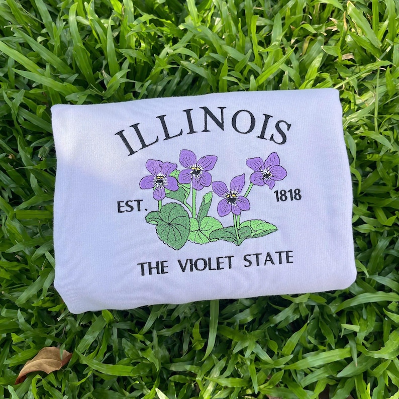 Embroidered Illinois Violet State Sweatshirt | Custom US State Flowers Embroidery Crewneck | Illinois Est 1818 State Gift Shirt image 2