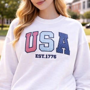 USA Applikation Sweatshirt, Bunt Patchwork Rundhals Ausschnitt, Rot Weiß Blau Gingham Buchstaben, 1776 Gestickter Pullover Geschenk