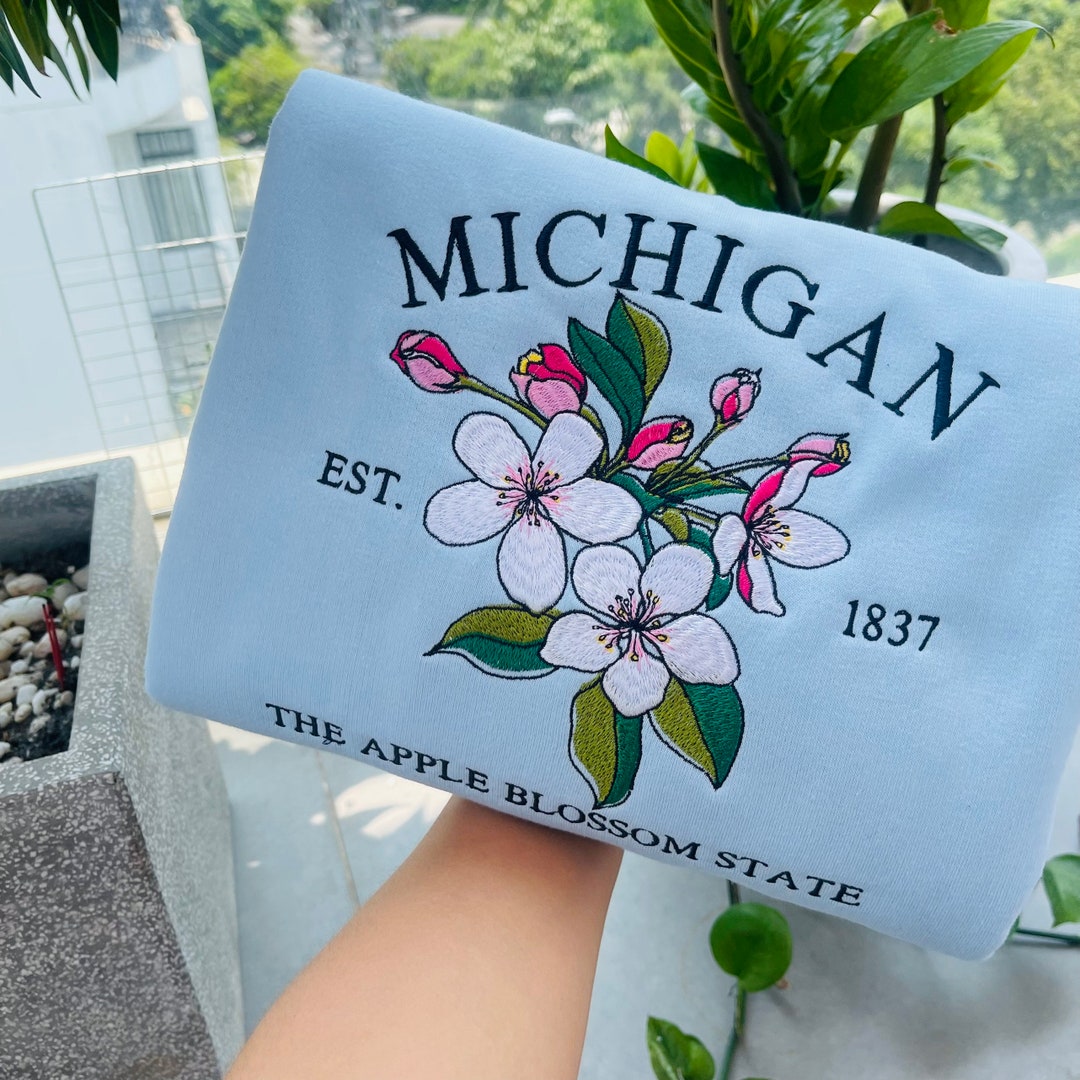 Embroidered Michigan Apple Blossom State Sweatshirt | Custom US State Flowers Embroidery Crewneck | Michigan 1837 Embroidery Gift Shirt