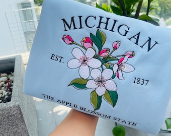 Embroidered Michigan Apple Blossom State Sweatshirt | Custom US State Flowers Embroidery Crewneck | Michigan 1837 Embroidery Gift Shirt