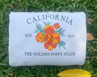 Besticktes Golden Poppy Sweatshirt | Benutzerdefinierte US Zustand Blumen Stickerei Rundhals | Kalifornien Est 1850 Zustand Geschenk Shirt