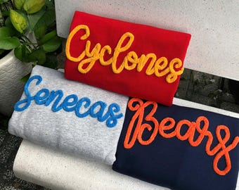 YARN EMBROIDERED Sweatshirt Chenille Game Day Fuzzy Letter, Team Spirit Sweatshirt Football Mom Sports Team Sweatshirt, Custom Yarn sweater