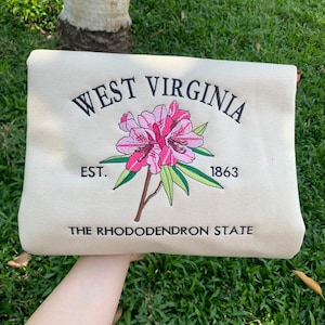 Moletom bordado com rododendros do estado da Virgínia Ocidental | Moletom bordado personalizado com flores dos estados dos EUA, presente do estado da Virgínia Ocidental de 1863