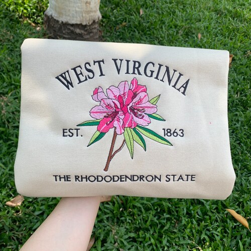 Embroidered West Virginia Rhododendron State Sweatshirt | Custom US State Flowers Embroidery Sweatshirt West Virginia 1863 State Gift Shirt