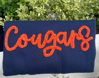 Custom Chenille Embroidered Sports Team Sweatshirt – Personalized School Spirit Crewneck – Chenille Yarn Letter Embroidery –College Game Day