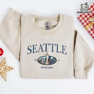 Seattle Embroidered Sweatshirt – Washington Crewneck – Space Needle Skyline Pullover – Pacific Northwest Gift