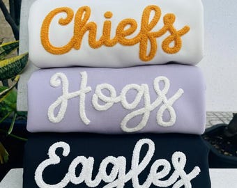 Custom Chenille Embroidered Sports Team Sweatshirt – Personalized School Spirit Crewneck – Chenille Yarn Letter Embroidery –College Game Day