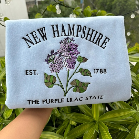 Embroidered New Hampshire Purple Lilac State Sweatshirt | Custom US State Flowers Embroidery Crewneck | New Hampshire 1788 State Shirt Gift