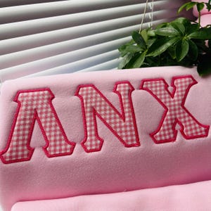 Pink Gingham Greek Letter Sweatshirt –Custom Sorority Appliqué Embroidered Crewneck, Personalized Sorority Gift,Big Little Reveal Sweatshirt