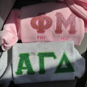 Glitter Applique Embroidery Sweatshirt – Sorority Greek Letter Crewneck – Pink Glitter Sorority Sweater – Big Little Reveal Gift