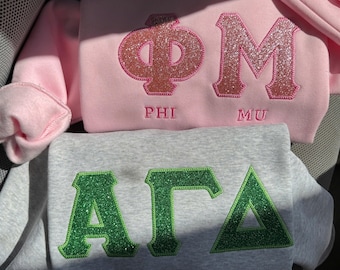Felpa con ricamo glitterato – Felpa girocollo con lettere greche della confraternita – Maglione rosa glitterato della confraternita – Un piccolo grande regalo rivelatore