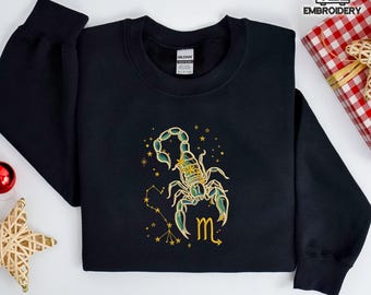 Scorpio Zodiac Embroidered Sweatshirt – Scorpion Astrology Shirt – Celestial Scorpio Gift – Horoscope Sign Crewneck