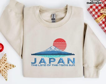 Japan Embroidered Sweatshirt – Mount Fuji Sunrise Pullover – The Land of the Rising Sun Gift