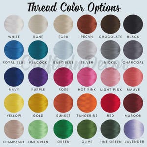 Pu&ograve; includere: Immagine che mostra una tabella dei colori dei fili. Il testo "Thread Color Options" &egrave; in alto. La tabella presenta una variet&agrave; di colori, tra cui bianco, nero, blu, rosa e verde, ciascuno etichettato con il proprio nome.
